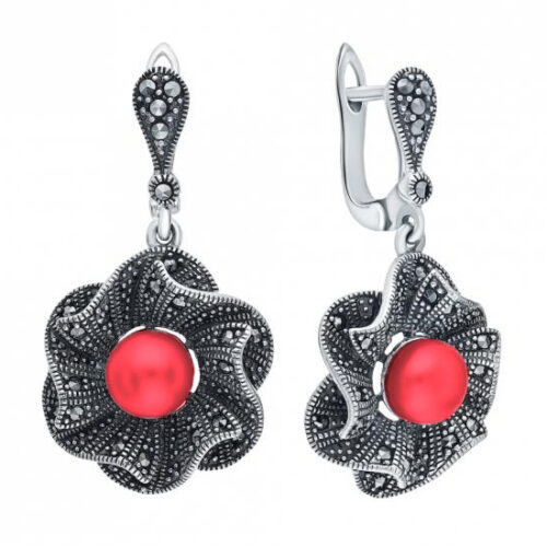 Серьги подвесные из серебра 925 пробы с кораллом