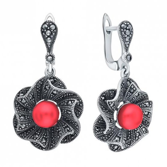 Серьги подвесные из серебра 925 пробы с кораллом